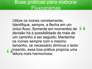 Boas práticas para elaborar
Fluxogramas
Utilize os ícones corretamente;
Identifique, sempre, a flecha em um
único fluxo. Somente em momentos de
decisão há a possibilidade de mais de
um caminho a ser seguido; Mantenha
os ícones sempre com o mesmo
tamanho, se necessário diminua o texto
inserido, essa boa prática propicia uma
leitura mais harmoniosa;
 