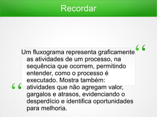 Recordar
Um fluxograma representa graficamente
as atividades de um processo, na
sequência que ocorrem, permitindo
entender, como o processo é
executado. Mostra também:
atividades que não agregam valor,
gargalos e atrasos, evidenciando o
desperdício e identifica oportunidades
para melhoria.
 