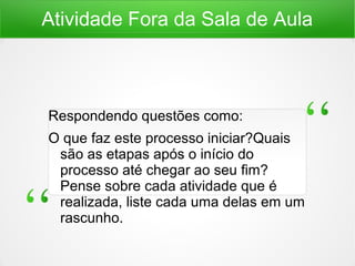Atividade Fora da Sala de Aula
Respondendo questões como:
O que faz este processo iniciar?Quais
são as etapas após o início do
processo até chegar ao seu fim?
Pense sobre cada atividade que é
realizada, liste cada uma delas em um
rascunho.
 