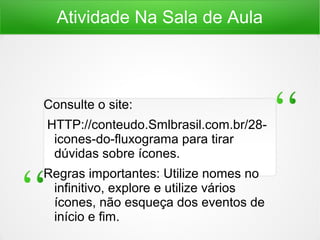Atividade Na Sala de Aula
Consulte o site:
HTTP://conteudo.Smlbrasil.com.br/28-
icones-do-fluxograma para tirar
dúvidas sobre ícones.
Regras importantes: Utilize nomes no
infinitivo, explore e utilize vários
ícones, não esqueça dos eventos de
início e fim.
 