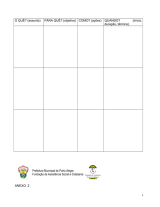 O QUÊ? (assunto) PARA QUÊ? (objetivo) COMO? (ações) QUANDO? (início,
duração, término)
Fundação de Assistência
Social e Cidadania
Prefeitura Municipal de Porto Alegre
Fundação de Assistência Social e Cidadania
ANEXO 2
1
 