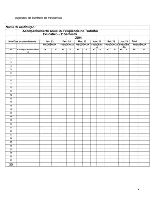 Sugestão de controle de freqüência
Nome da Instituição:
Acompanhamento Anual de Freqüência no Trabalho
Educativo - 1º Semestre
2004
Mês/Dias de Atendimento Jan: 22 Fev: 19 Mar: 22 Abr: 20 Mai: 20 Jun: 21 Total
FREQÜÊNCIA FREQÜÊNCIA FREQÜÊNCIA FREQÜÊNCI
A
FREQÜÊNCIA FREQÜÊN
CIA
FREQÜÊNCIA
Nº Criança/Adolescent
e
Nº % Nº % Nº % Nº % Nº % Nº % Nº %
1
2
3
4
5
6
7
8
9
10
11
12
13
14
15
16
17
18
19
20
21
22
23
24
25
26
27
28
29
30
30
1
 