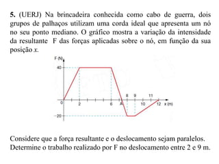 Resolução:
Como o homem empurra o caixote com velocidade constante, a
força resultante sobre o mesmo é zero. Assim, o trabalho
realizado pelo homem deve compensar o trabalho da força de
atrito entre a caixa e o assoalho, produzindo um trabalho total
nulo.

 