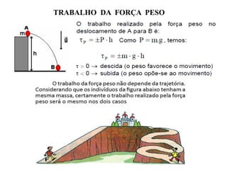 EXERCÍCIO
5. (UERJ) Na brincadeira conhecida como cabo de guerra, dois
grupos de palhaços utilizam uma corda ideal que apresenta um nó
no seu ponto mediano. O gráfico mostra a variação da intensidade
da resultante F das forças aplicadas sobre o nó, em função da sua
posição x.

Considere que a força resultante e o deslocamento sejam paralelos.
Determine o trabalho realizado por F no deslocamento entre 2 e 9 m.

 