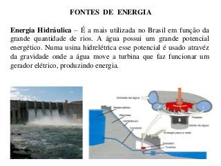 FONTES DE ENERGIA
Energia Hidráulica – É a mais utilizada no Brasil em função da
grande quantidade de rios. A água possui um grande potencial
energético. Numa usina hidrelétrica esse potencial é usado atravéz
da gravidade onde a água move a turbina que faz funcionar um
gerador elétrico, produzindo energia.

 