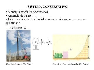 SISTEMA CONSERVATIVO
• A energia mecânica se conserva
• Ausência de atrito.
• Cinética aumenta e potencial diminui e vice-versa, na mesma
quantidade.
BATE ESTACA

Gravitacional e Cinética

Elástica, Gravitacional e Cinética

 