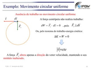Exemplo: Movimento circular uniforme
0
K W
Δ = =
Ou, pelo teorema do trabalho-energia cinética:
cte
v =

A força altera apenas a direção do vetor velocidade, mantendo o seu
módulo inalterado.
c
F

s
d
Fc


⊥
, pois
A força centrípeta não realiza trabalho:
16	
  
F128	
  –	
  1o	
  	
  Semestre	
  de	
  2012	
  
Ausência de trabalho no movimento circular uniforme
dW =

Fc
⋅ d

s = 0
v

s
d

c
F

 