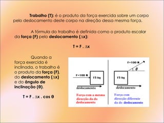 Trabalho (T):  é o produto da força exercida sobre um corpo pelo deslocamento deste corpo na direção dessa mesma força.  A fórmula do trabalho é definida como o produto escalar da  força (F)  pelo  deslocamento (∆x): T = F . ∆x Quando a força exercida é inclinada, o trabalho é o produto da  força (F) , do  deslocamento (∆x)  e do  ângulo de inclinação (θ) . T = F . ∆x . cos θ 