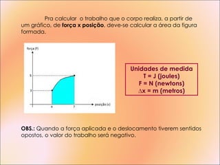   Pra calcular  o trabalho que o corpo realiza, a partir de um gráfico, de  força x posição , deve-se calcular a área da figura formada. OBS.:  Quando a força aplicada e o deslocamento tiverem sentidos opostos, o valor do trabalho será negativo.  Unidades de medida T = J (joules) F = N (newtons) ∆ x = m (metros) 