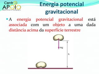 Energia potencial gravitacional A  energia potencial gravitacional  está  associada   com um  objeto  a uma dada  distância acima  da  superfície terrestre 