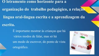 O letramento como horizonte para a 
organização do trabalho pedagógico, a relação 
língua oral-língua escrita e a aprendizagem da 
escrita. 
É importante mostrar às crianças que há 
vários modos de falar, mas só há 
um modo de escrever, do ponto de vista 
ortográfico. 
 