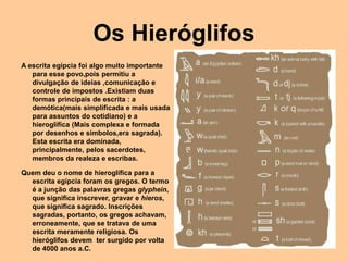 Os Hieróglifos
A escrita egípcia foi algo muito importante
para esse povo,pois permitiu a
divulgação de ideias ,comunicação e
controle de impostos .Existiam duas
formas principais de escrita : a
demótica(mais simplificada e mais usada
para assuntos do cotidiano) e a
hieroglífica (Mais complexa e formada
por desenhos e símbolos,era sagrada).
Esta escrita era dominada,
principalmente, pelos sacerdotes,
membros da realeza e escribas.
Quem deu o nome de hieroglífica para a
escrita egípcia foram os gregos. O termo
é a junção das palavras gregas glyphein,
que significa inscrever, gravar e hieros,
que significa sagrado. Inscrições
sagradas, portanto, os gregos achavam,
erroneamente, que se tratava de uma
escrita meramente religiosa. Os
hieróglifos devem ter surgido por volta
de 4000 anos a.C.
 