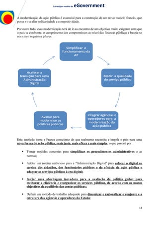 Estratégias modelo de eGovernment
A modernização da ação pública é essencial para a construção de um novo modelo francês, que
possa vir a aliar solidariedade e competitividade.
Por outro lado, essa modernização terá de ir ao encontro de um objetivo muito exigente com que
o país se confronta: o cumprimento dos compromissos ao nível das finanças públicas e baseia-se
nos cinco seguintes pilares:
Esta ambição torna a França consciente do que realmente necessita e impele o país para uma
nova forma de ação pública, mais justa, mais eficaz e mais simples, o que passará por:
 Tomar medidas concretas para simplificar os procedimentos administrativos e as
normas;
 Adotar um roteiro ambicioso para a "Administração Digital" para colocar o digital ao
serviço dos cidadãos, dos funcionários públicos e da eficácia da ação pública e
adaptar os serviços públicos à era digital;
 Iniciar uma abordagem inovadora para a avaliação da política global para
melhorar a eficiência e reorganizar os serviços públicos, de acordo com os nossos
objectivos de equilíbrio das contas públicas;
 Definir um método de trabalho adequado para dinamizar e racionalizar o conjunto e a
estrutura das agências e operadores do Estado;
13
 