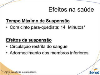 Efeitos na saúde
Tempo Máximo de Suspensão
• Com cinto pára-quedista: 14 Minutos*
Efeitos da suspensão
• Circulação restrita do sangue
• Adormecimento dos membros inferiores
* Em excelente estado físico.
 