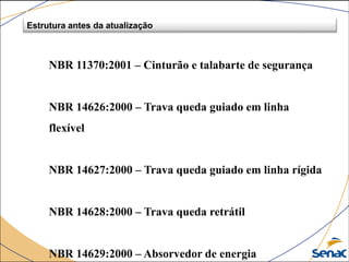 NBR 11370:2001 – Cinturão e talabarte de segurança
NBR 14626:2000 – Trava queda guiado em linha
flexível
NBR 14627:2000 – Trava queda guiado em linha rígida
NBR 14628:2000 – Trava queda retrátil
NBR 14629:2000 – Absorvedor de energia
Estrutura antes da atualização
 