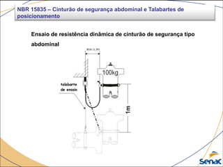 Ensaio de resistência dinâmica de cinturão de segurança tipo
abdominal
NBR 15835 – Cinturão de segurança abdominal e Talabartes de
posicionamento
 
