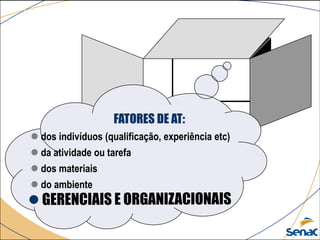ACIDENTE
FATORES DE AT:
 dos indivíduos (qualificação, experiência etc)
 da atividade ou tarefa
 dos materiais
 do ambiente
 