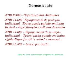 NBR 6.494 – Segurança nos Andaimes.
NBR 14.626 –Equipamento de proteção
individual –Trava-queda guiado em linha
flexível – Especificação e métodos de ensaio.
NBR 14.627 – Equipamento de proteção
individual – Trava-queda guiado em linha
rígida Especificação e métodos de ensaio.
NBR 15.595 – Acesso por corda.
Normatização
ABNA - Ass. Cons. em Treinamentos e Segurança do Trabalho Ltda.
 
