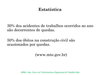 30% dos acidentes de trabalhos ocorridos ao ano
são decorrentes de quedas.
50% dos óbitos na construção civil são
ocasionados por quedas.
(www.mte.gov.br)
Estatística
ABNA - Ass. Cons. em Treinamentos e Segurança do Trabalho Ltda.
 