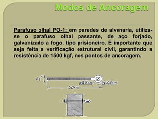 •

Parafuso olhal PO-1: em paredes de alvenaria, utilizase o parafuso olhal passante, de aço forjado,
galvanizado a fogo, tipo prisioneiro. É importante que
seja feita a verificação estrutural civil, garantindo a
resistência de 1500 kgf, nos pontos de ancoragem.

 