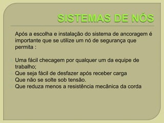 Após a escolha e instalação do sistema de ancoragem é
importante que se utilize um nó de segurança que
permita :





Uma fácil checagem por qualquer um da equipe de
trabalho;
Que seja fácil de desfazer após receber carga
Que não se solte sob tensão.
Que reduza menos a resistência mecânica da corda

 