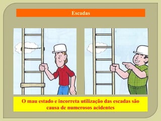 Escadas

O mau estado e incorreta utilização das escadas são
causa de numerosos acidentes

 