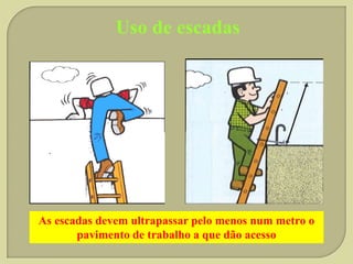 Uso de escadas

As escadas devem ultrapassar pelo menos num metro o
pavimento de trabalho a que dão acesso

 