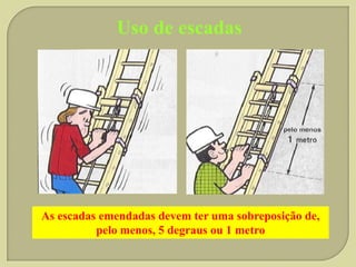 Uso de escadas

As escadas emendadas devem ter uma sobreposição de,
pelo menos, 5 degraus ou 1 metro

 