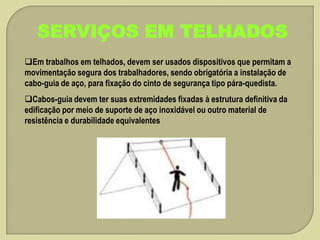 SERVIÇOS EM TELHADOS
Em trabalhos em telhados, devem ser usados dispositivos que permitam a
movimentação segura dos trabalhadores, sendo obrigatória a instalação de
cabo-guia de aço, para fixação do cinto de segurança tipo pára-quedista.
Cabos-guia devem ter suas extremidades fixadas à estrutura definitiva da
edificação por meio de suporte de aço inoxidável ou outro material de
resistência e durabilidade equivalentes

 