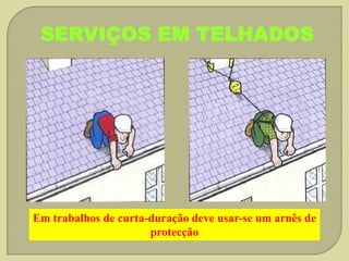 SERVIÇOS EM TELHADOS

Em trabalhos de curta-duração deve usar-se um arnês de
protecção

 