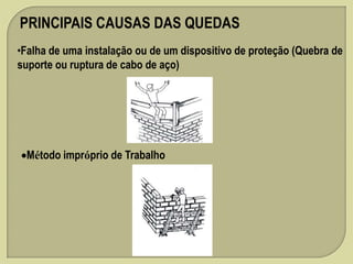 PRINCIPAIS CAUSAS DAS QUEDAS
•Falha de uma instalação ou de um dispositivo de proteção (Quebra de
suporte ou ruptura de cabo de aço)

Método impróprio de Trabalho

 