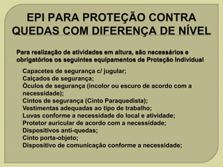 EPI PARA PROTEÇÃO CONTRA
QUEDAS COM DIFERENÇA DE NÍVEL












Capacetes de segurança c/ jugular;
Calçados de segurança;
Óculos de segurança (incolor ou escuro de acordo com a
necessidade);
Cintos de segurança (Cinto Paraquedista);
Vestimentas adequadas ao tipo de trabalho;
Luvas conforme a necessidade do local e atividade;
Protetor auricular de acordo com a necessidade;
Dispositivos anti-quedas;
Cinto porta-objeto;
Dispositivo de comunicação conforme a necessidade;

 