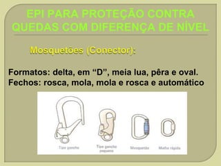 EPI PARA PROTEÇÃO CONTRA
QUEDAS COM DIFERENÇA DE NÍVEL

Formatos: delta, em “D”, meia lua, pêra e oval.
Fechos: rosca, mola, mola e rosca e automático

 