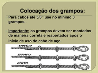  Para

cabos até 5/8” use no mínimo 3
grampos.

 Importante:

os grampos devem ser montados
de maneira correta e reapertados após o
início de uso do cabo de aço.

 