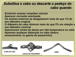 






Existirem arames rompidos visíveis
Aparecer corrosão acentuada
Os arames externos se desgastarem mais do que 1/3 de
seu diâmetro original
O diâmetro do cabo diminuir mais do que 5% em relação a
seu diâmetro nominal
Aparecerem sinais de danos por alta temperatura no cabo
Aparecer qualquer distorção no cabo (dobra,
amassamento ou gaiola de passarinho)

 