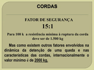 FATOR DE SEGURANÇA

15:1
Para 100 k a resistência mínima à ruptura da corda
deve ser de 1.500 kg

Mas como existem outros fatores envolvidos na
dinâmica da detenção de uma queda e nas
características das cordas, internacionalmente o
valor mínimo é de 2000 kg.

 