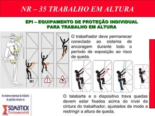 NR – 35 TRABALHO EM ALTURA
EPI – EQUIPAMENTO DE PROTEÇÃO INDIVIDUALEPI – EQUIPAMENTO DE PROTEÇÃO INDIVIDUAL
PARA TRABALHO EM ALTURAPARA TRABALHO EM ALTURA
O trabalhador deve permanecer
conectado ao sistema de
ancoragem durante todo o
período de exposição ao risco
de queda.
O talabarte e o dispositivo trava quedas
devem estar fixados acima do nível da
cintura do trabalhador, ajustados de modo a
restringir a altura de queda.
 
