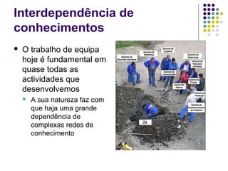 Interdependência de
conhecimentos
 O trabalho de equipa
hoje é fundamental em
quase todas as
actividades que
desenvolvemos
 A sua natureza faz com
que haja uma grande
dependência de
complexas redes de
conhecimento
 