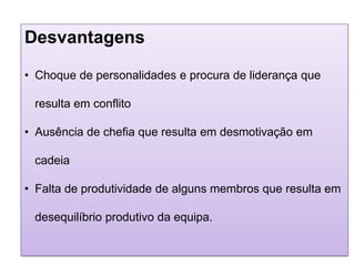 Desvantagens
• Choque de personalidades e procura de liderança que
resulta em conflito
• Ausência de chefia que resulta em desmotivação em
cadeia
• Falta de produtividade de alguns membros que resulta em
desequilíbrio produtivo da equipa.

 