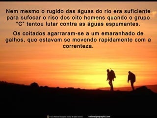 Nem mesmo o rugido das águas do rio era suficiente
para sufocar o riso dos oito homens quando o grupo
“C” tentou lutar contra as águas espumantes.
Os coitados agarraram-se a um emaranhado de
galhos, que estavam se movendo rapidamente com a
correnteza.
 