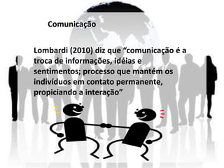 Comunicação


Lombardi (2010) diz que “comunicação é a
troca de informações, idéias e
sentimentos; processo que mantém os
indivíduos em contato permanente,
propiciando a interação”
 