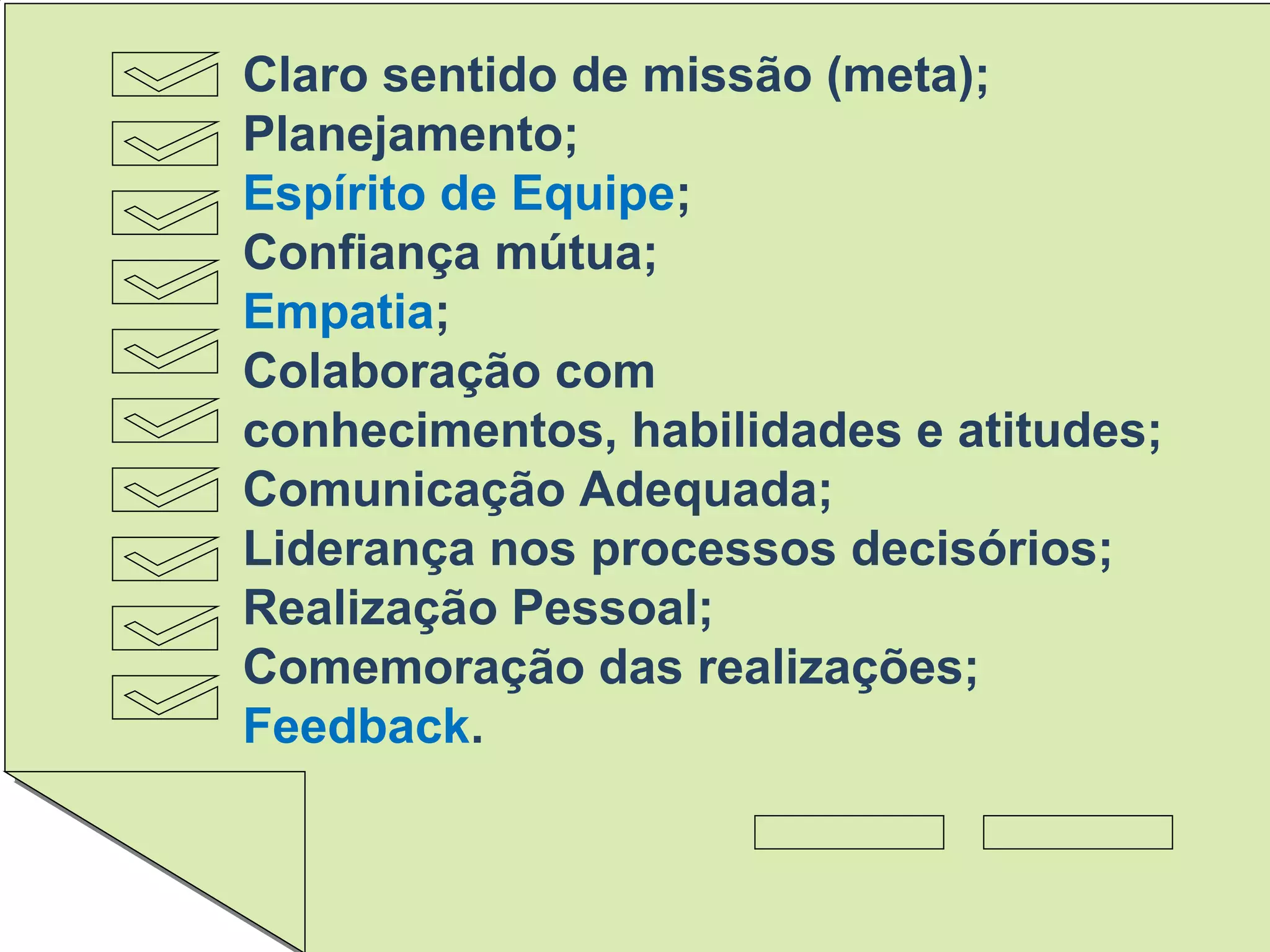 Claro sentido de missão (meta);
Planejamento;
Espírito de Equipe;
Confiança mútua;
Empatia;
Colaboração com
conhecimentos, habilidades e atitudes;
Comunicação Adequada;
Liderança nos processos decisórios;
Realização Pessoal;
Comemoração das realizações;
Feedback.
 