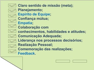 Claro sentido de missão (meta);
Planejamento;
Espírito de Equipe;
Confiança mútua;
Empatia;
Colaboração com
conhecimentos, habilidades e atitudes;
Comunicação Adequada;
Liderança nos processos decisórios;
Realização Pessoal;
Comemoração das realizações;
Feedback.
 