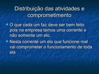 Distribuição das atividades e
            comprometimento
   O que cada um faz deve ser bem feito
    pois na empresa temos uma corrente e
    não somente um elo.
   Nesta corrente um elo que funcione mal
    vai comprometer o funcionamento de toda
    ela
 