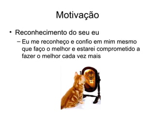 Motivação
• Reconhecimento do seu eu
  – Eu me reconheço e confio em mim mesmo
    que faço o melhor e estarei comprometido a
    fazer o melhor cada vez mais
 