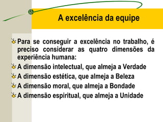 A excelência da equipe
Para se conseguir a excelência no trabalho, é
preciso considerar as quatro dimensões da
experiência humana:
A dimensão intelectual, que almeja a Verdade
A dimensão estética, que almeja a Beleza
A dimensão moral, que almeja a Bondade
A dimensão espiritual, que almeja a Unidade
 