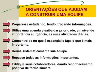 ORIENTAÇÕES QUE AJUDAM
A CONSTRUIR UMA EQUIPE
Prepare-se estudando, lendo, trocando informações.
Utilize uma agenda e saiba dar prioridade, em nível de
importância e urgência, as suas atividades diárias.
Concentre-se no que é essencial e faça o que é mais
Importante.
Reúna sistematicamente sua equipe.
Repasse todas as informações importantes.
Edifique seus colaboradores, dando reconhecimento
positivo de forma sincera.
 