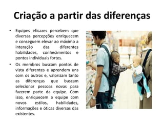 Criação a partir das diferenças
• Equipes eficazes percebem que
diversas percepções enriquecem
e conseguem elevar ao máximo a
interação das diferentes
habilidades, conhecimentos e
pontos individuais fortes.
• Os membros buscam pontos de
vista diferentes e aprendem uns
com os outros e, valorizam tanto
as diferenças que buscam
selecionar pessoas novas para
fazerem parte da equipe. Com
isso, enriquecem a equipe com
novos estilos, habilidades,
informações e óticas diversas das
existentes.
 