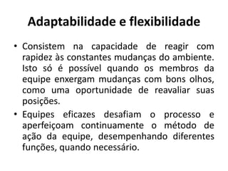Adaptabilidade e flexibilidade
• Consistem na capacidade de reagir com
rapidez às constantes mudanças do ambiente.
Isto só é possível quando os membros da
equipe enxergam mudanças com bons olhos,
como uma oportunidade de reavaliar suas
posições.
• Equipes eficazes desafiam o processo e
aperfeiçoam continuamente o método de
ação da equipe, desempenhando diferentes
funções, quando necessário.
 
