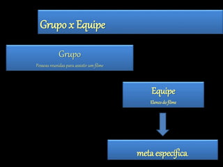 Grupo x Equipe 
Grupo 
Pessoas reunidas para assistir um filme 
Equipe 
Elenco do filme 
meta específica. 
 
